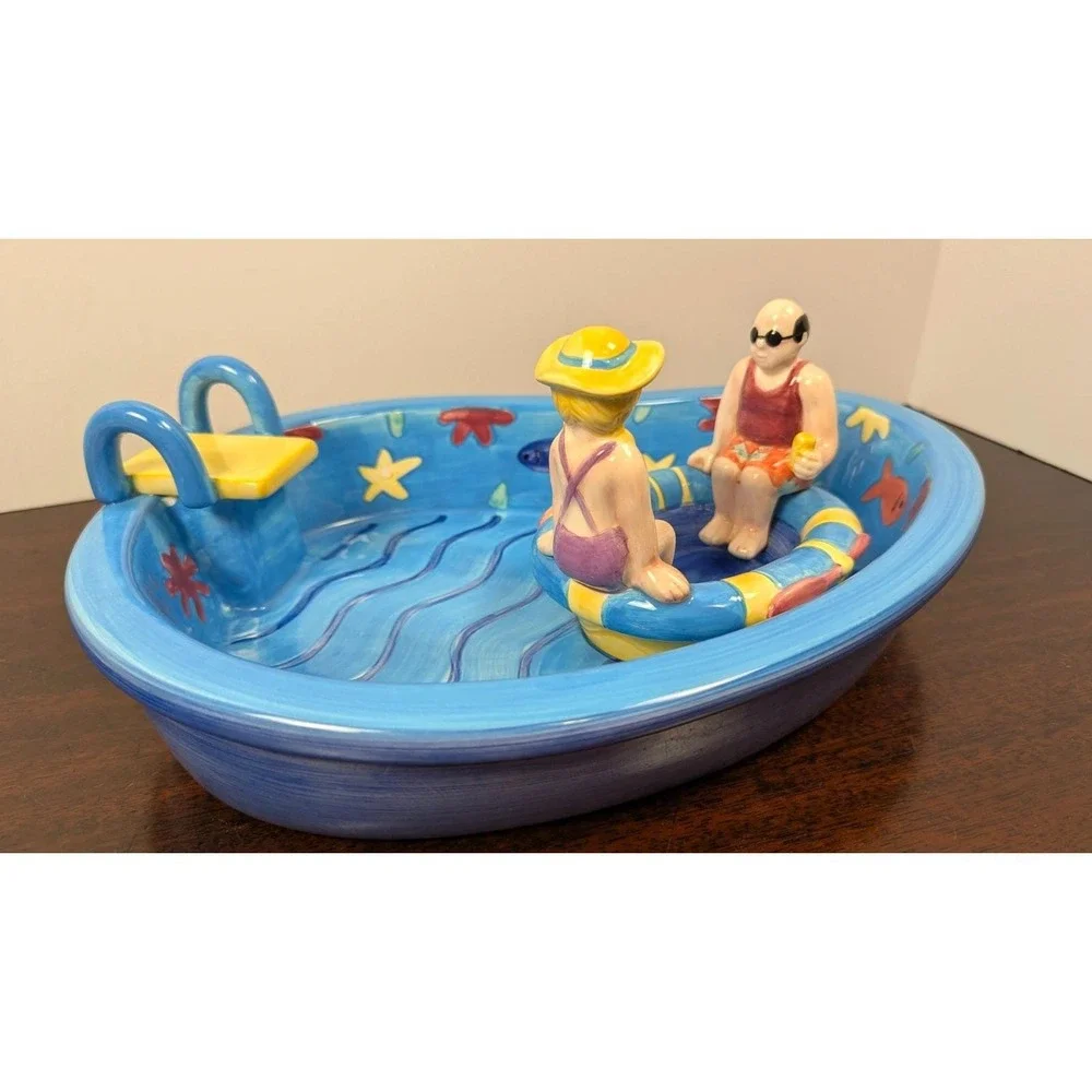 Sonoma Hand Painted Swimming Pool Chip Dip Serving Bowl Beach Couple Float 1999